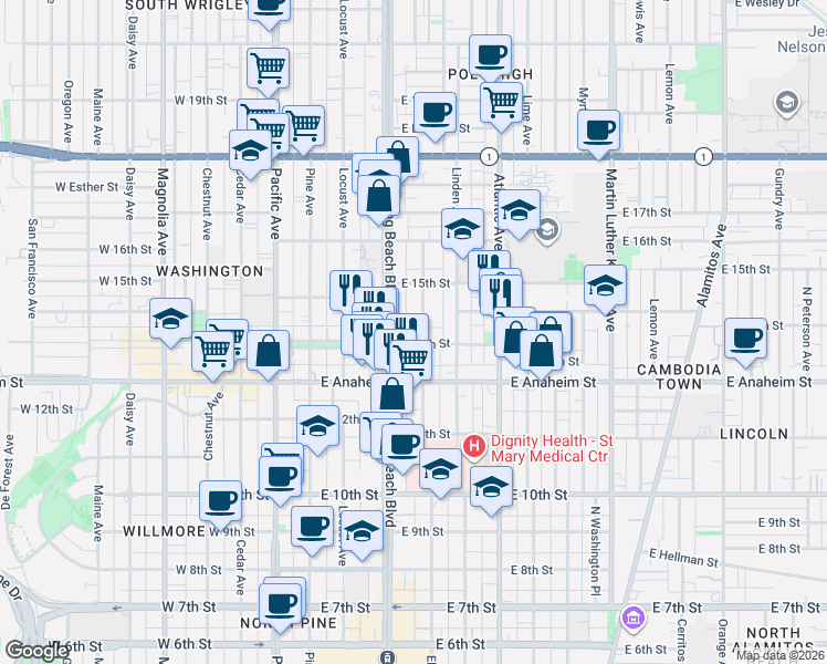 map of restaurants, bars, coffee shops, grocery stores, and more near 1441 Elm Avenue in Long Beach
