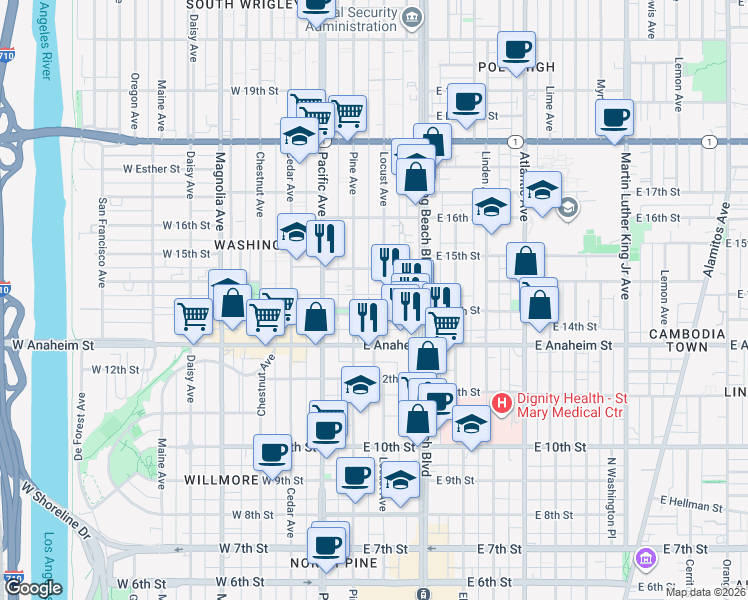 map of restaurants, bars, coffee shops, grocery stores, and more near 1421 Locust Avenue in Long Beach