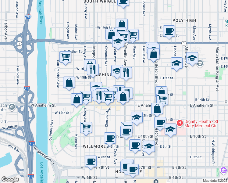 map of restaurants, bars, coffee shops, grocery stores, and more near 1415 Cedar Avenue in Long Beach