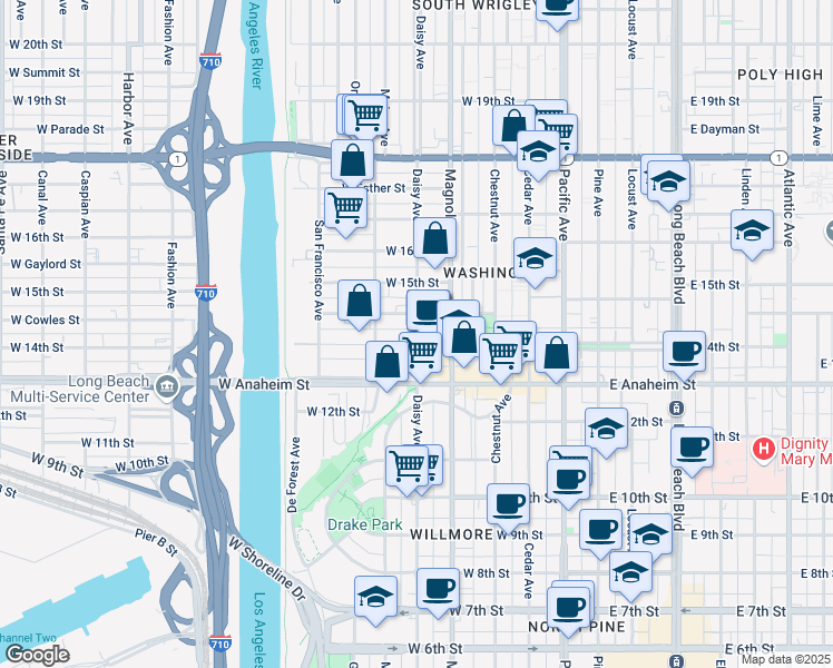 map of restaurants, bars, coffee shops, grocery stores, and more near 624 West Cowles Street in Long Beach