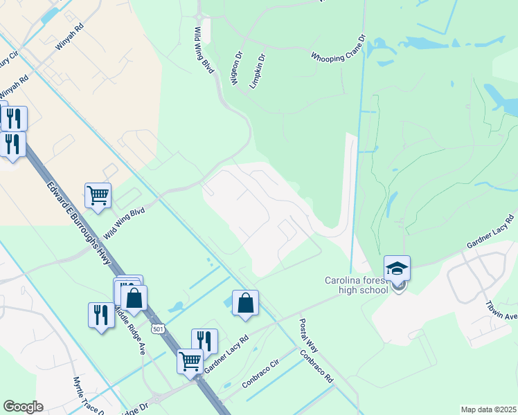 map of restaurants, bars, coffee shops, grocery stores, and more near 324 Wild Wing Boulevard in Conway