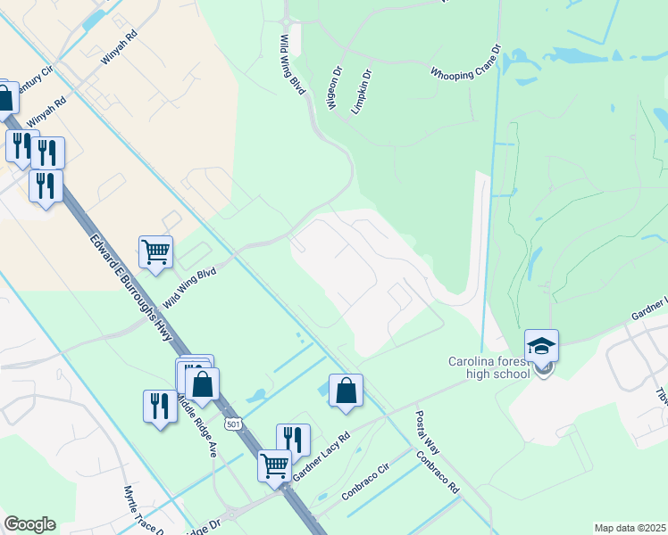 map of restaurants, bars, coffee shops, grocery stores, and more near 316 Wild Wing Boulevard in Conway