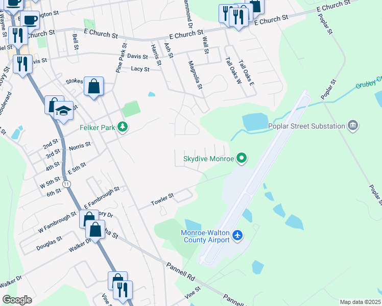 map of restaurants, bars, coffee shops, grocery stores, and more near 642 Mill Stone Bluff in Monroe