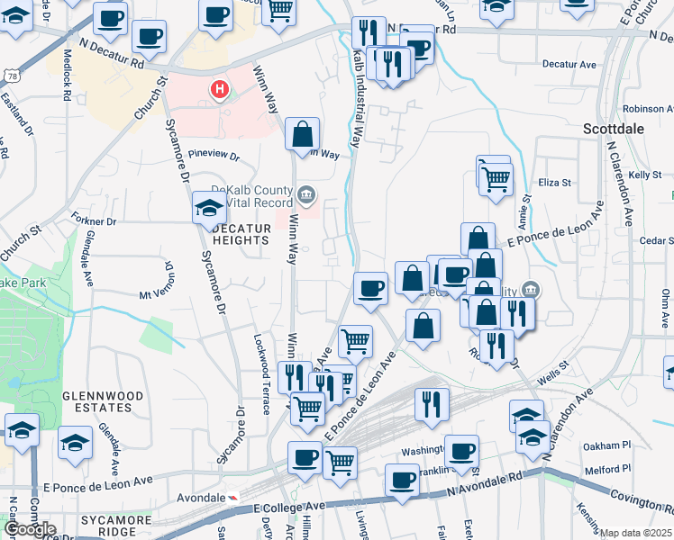 map of restaurants, bars, coffee shops, grocery stores, and more near 712 Alden Drive in Decatur