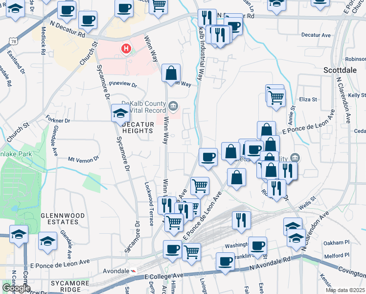 map of restaurants, bars, coffee shops, grocery stores, and more near 712 Alden Drive in Decatur