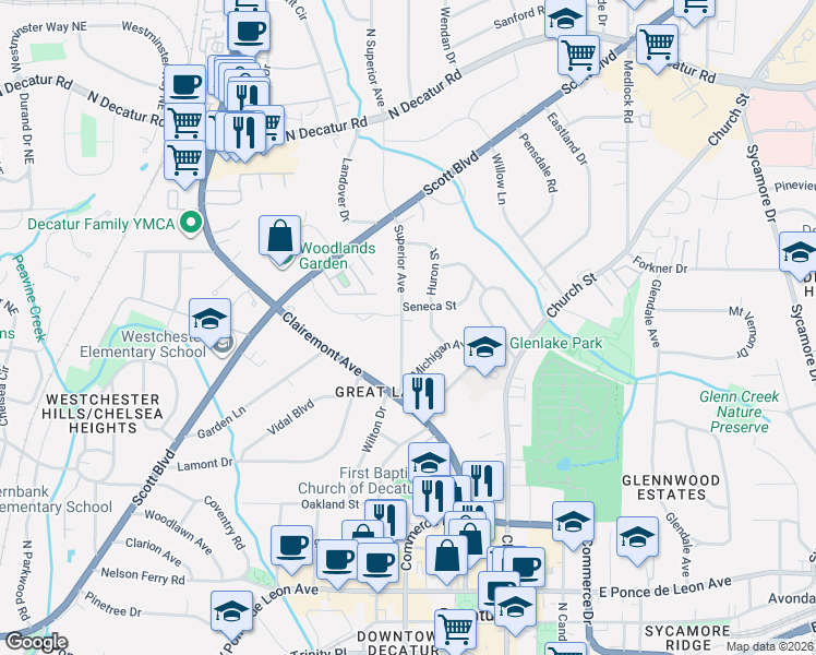 map of restaurants, bars, coffee shops, grocery stores, and more near 155 Superior Avenue in Decatur