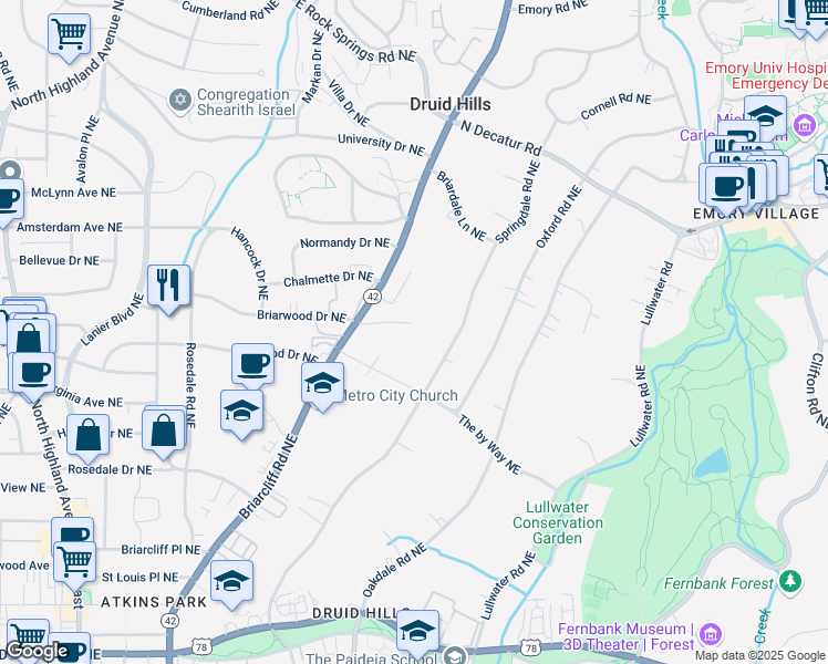 map of restaurants, bars, coffee shops, grocery stores, and more near 1225 Cameron Court Northeast in Atlanta