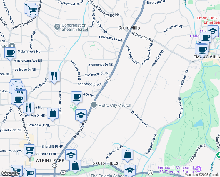 map of restaurants, bars, coffee shops, grocery stores, and more near 1195 Cameron Court Northeast in Atlanta