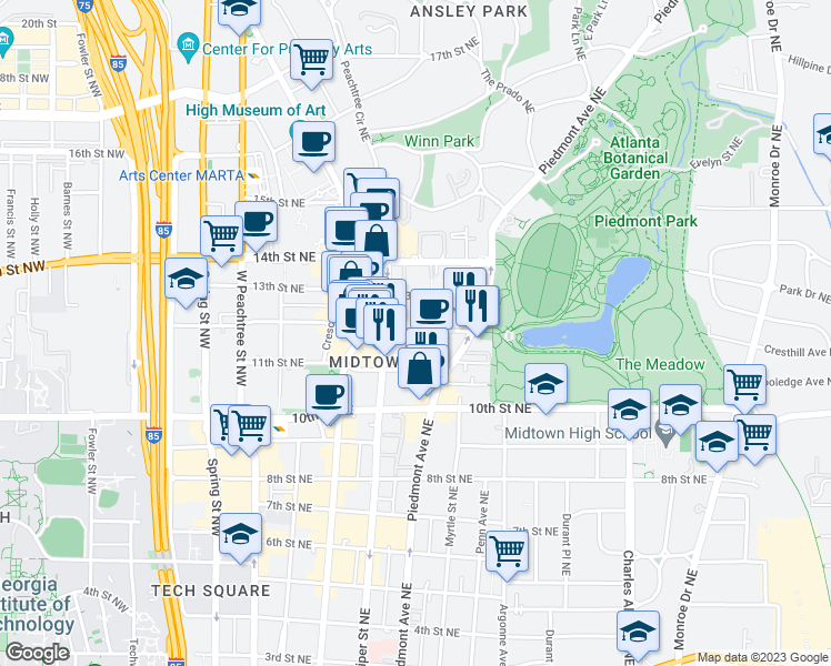 map of restaurants, bars, coffee shops, grocery stores, and more near 202 12th Street Northeast in Atlanta