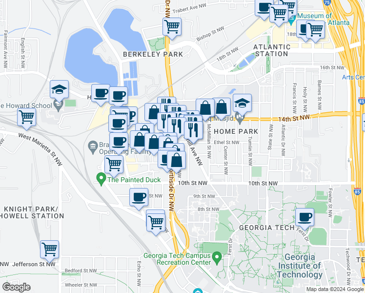 map of restaurants, bars, coffee shops, grocery stores, and more near 570 Ethel Street Northwest in Atlanta