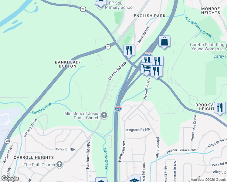 map of restaurants, bars, coffee shops, grocery stores, and more near 1051 Bolton Road Northwest in Atlanta