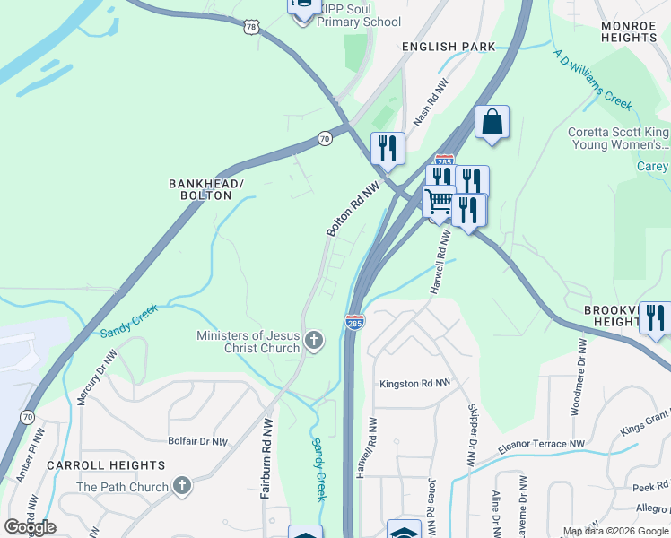 map of restaurants, bars, coffee shops, grocery stores, and more near 1051 Bolton Road Northwest in Atlanta