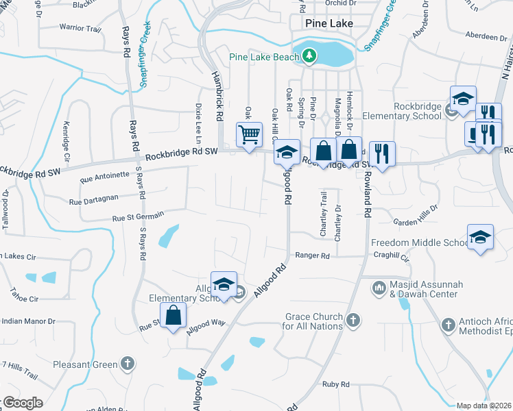 map of restaurants, bars, coffee shops, grocery stores, and more near 479 Allgood Circle in Stone Mountain