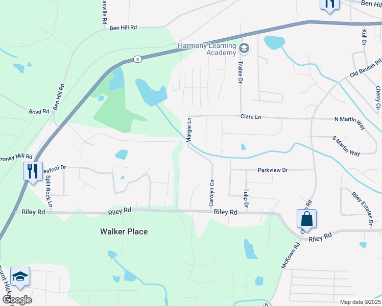 map of restaurants, bars, coffee shops, grocery stores, and more near 7025 Carolyn Circle in Lithia Springs