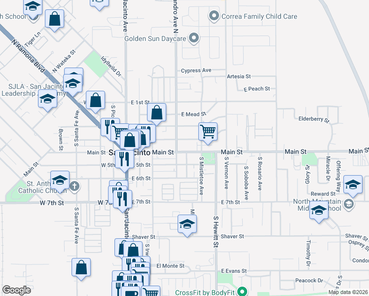 map of restaurants, bars, coffee shops, grocery stores, and more near 456 East 3rd Street in San Jacinto