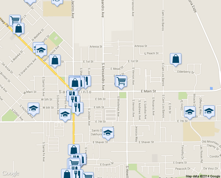 map of restaurants, bars, coffee shops, grocery stores, and more near 445 East Main Street in San Jacinto
