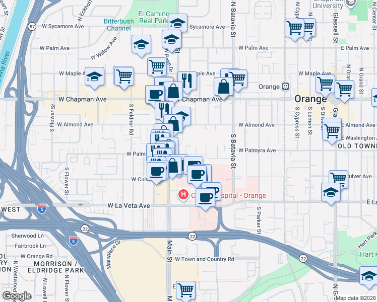 map of restaurants, bars, coffee shops, grocery stores, and more near 1213 West Palmyra Avenue in Orange