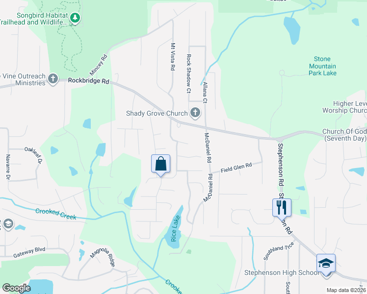 map of restaurants, bars, coffee shops, grocery stores, and more near 496 Lakewater Estates Drive in Stone Mountain