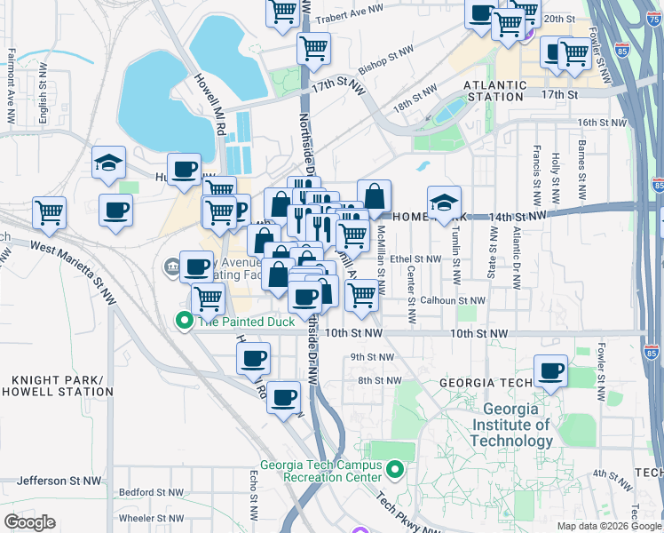 map of restaurants, bars, coffee shops, grocery stores, and more near 570 Ethel Street Northwest in Atlanta