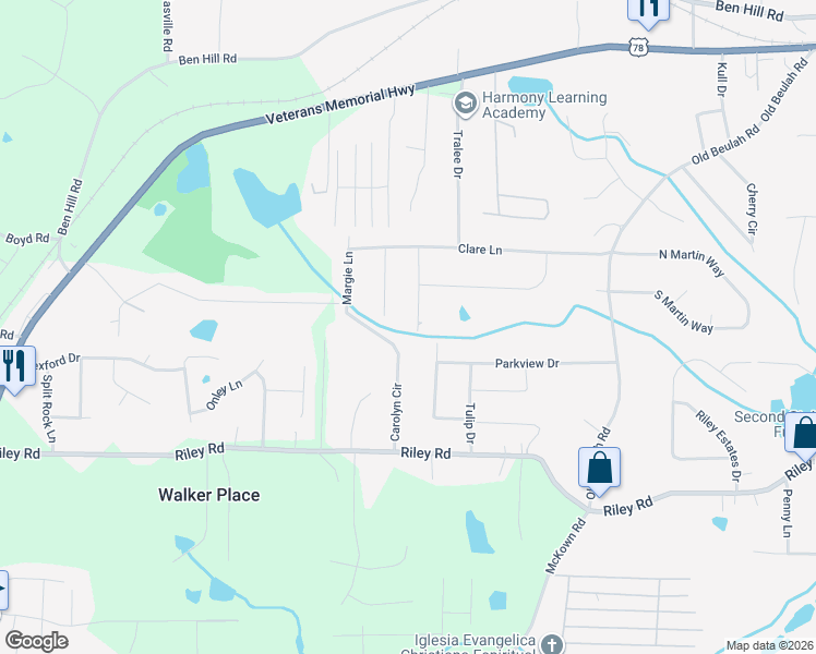 map of restaurants, bars, coffee shops, grocery stores, and more near 7015 Shannon Drive in Lithia Springs