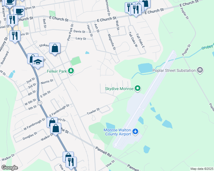 map of restaurants, bars, coffee shops, grocery stores, and more near 642 Mill Stone Bluff in Monroe