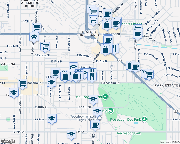 map of restaurants, bars, coffee shops, grocery stores, and more near 4316 Wehrle Court in Long Beach