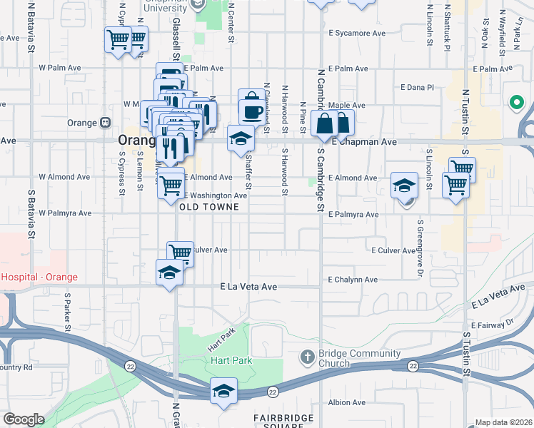 map of restaurants, bars, coffee shops, grocery stores, and more near 605 East Palmyra Avenue in Orange