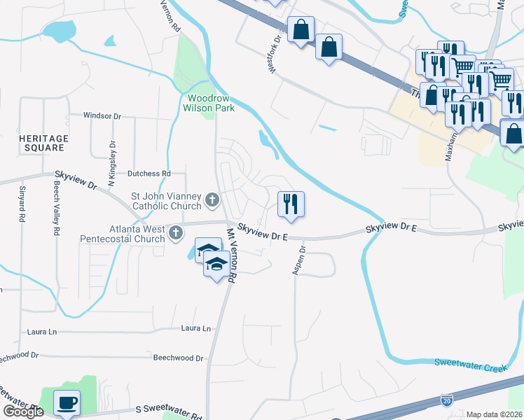 map of restaurants, bars, coffee shops, grocery stores, and more near 323 Winton Way in Villa Rica