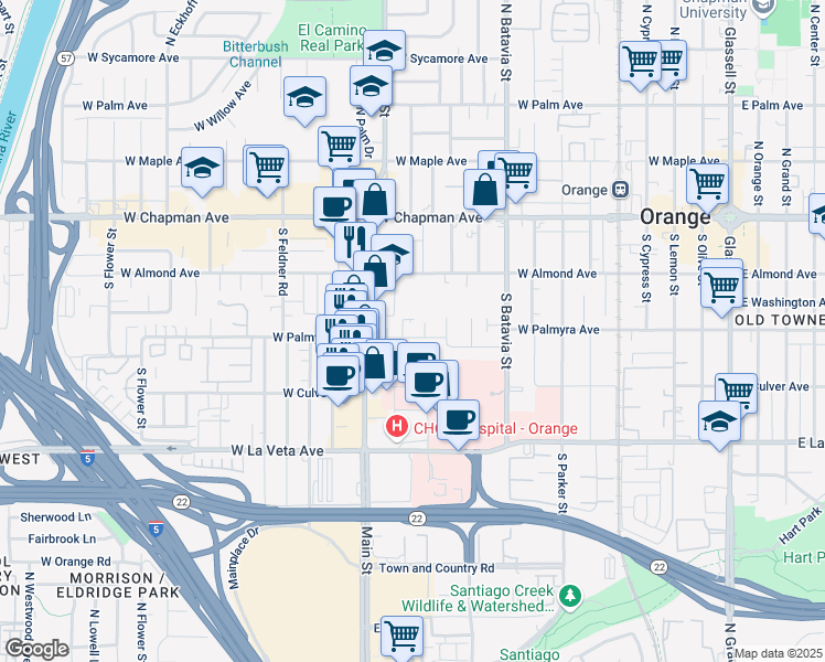 map of restaurants, bars, coffee shops, grocery stores, and more near 1213 West Palmyra Avenue in Orange