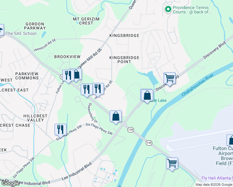 map of restaurants, bars, coffee shops, grocery stores, and more near 600 Discovery Place in Mableton