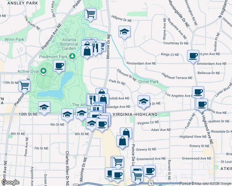 map of restaurants, bars, coffee shops, grocery stores, and more near 660 Elmwood Drive Northeast in Atlanta