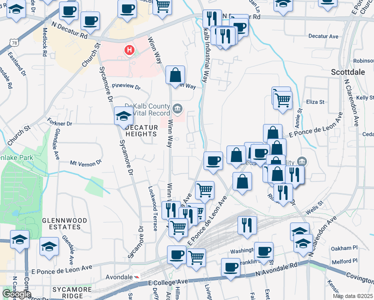 map of restaurants, bars, coffee shops, grocery stores, and more near 712 Alden Drive in Decatur