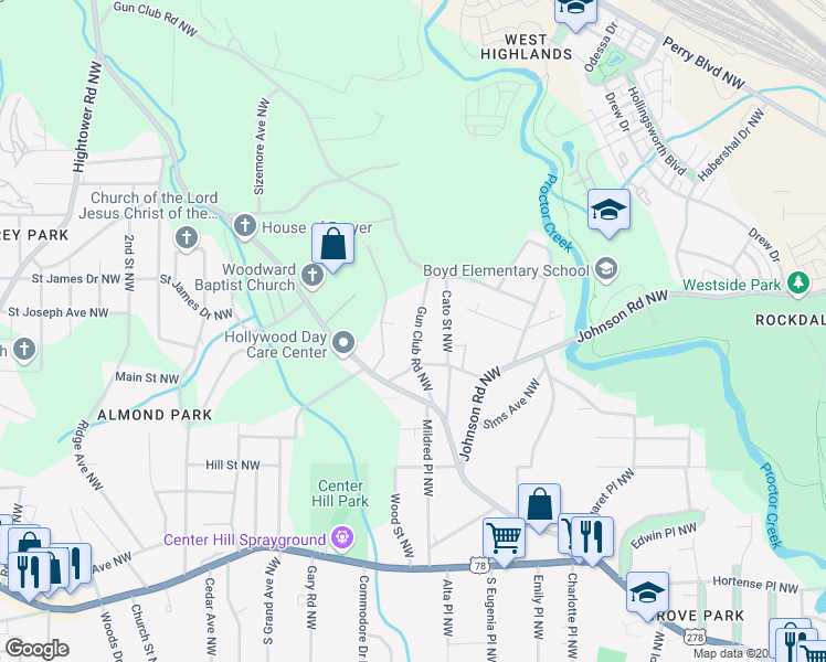 map of restaurants, bars, coffee shops, grocery stores, and more near 1064 Gun Club Road Northwest in Atlanta