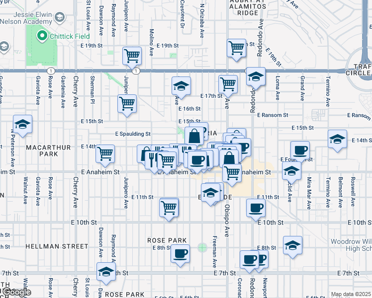 map of restaurants, bars, coffee shops, grocery stores, and more near 2828 East 14th Street in Long Beach