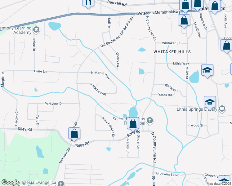 map of restaurants, bars, coffee shops, grocery stores, and more near 3940 South Martin Way in Lithia Springs