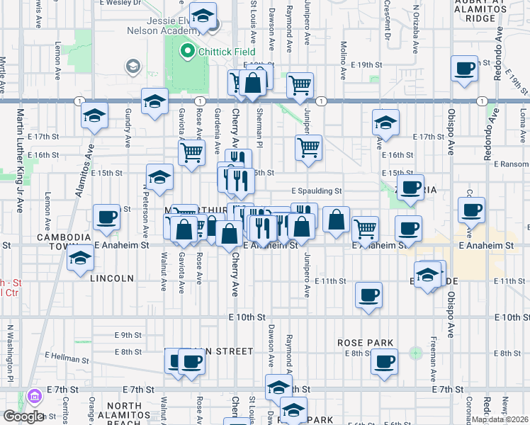 map of restaurants, bars, coffee shops, grocery stores, and more near 2154 East 14th Street in Long Beach