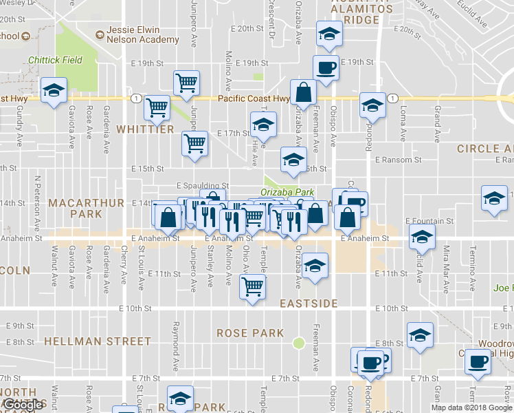 map of restaurants, bars, coffee shops, grocery stores, and more near 2788 East 14th Street in Long Beach