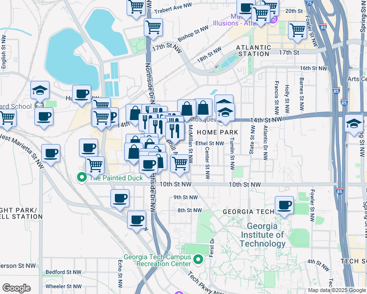 map of restaurants, bars, coffee shops, grocery stores, and more near 538 Ethel Street Northwest in Atlanta
