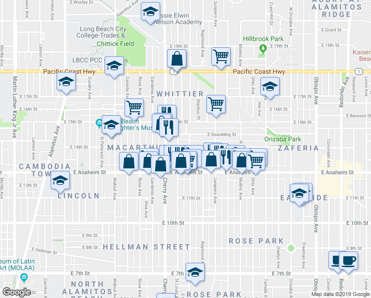 map of restaurants, bars, coffee shops, grocery stores, and more near 2154 East 14th Street in Long Beach