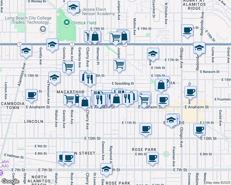 map of restaurants, bars, coffee shops, grocery stores, and more near 2322 East 14th Street in Long Beach