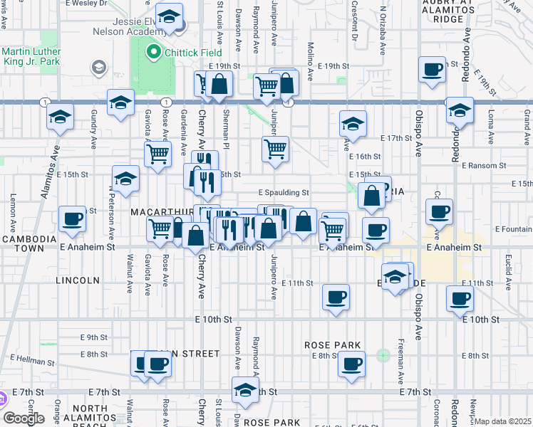 map of restaurants, bars, coffee shops, grocery stores, and more near 2322 East 14th Street in Long Beach