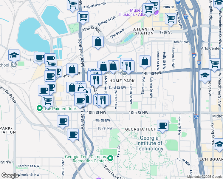 map of restaurants, bars, coffee shops, grocery stores, and more near 494 Ethel Street Northwest in Atlanta