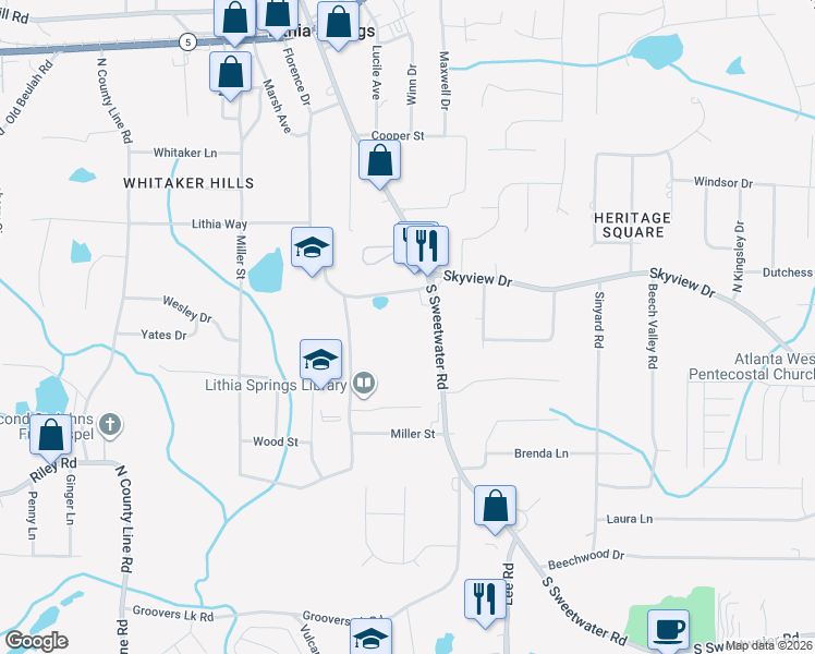 map of restaurants, bars, coffee shops, grocery stores, and more near 6989 South Sweetwater Road in Lithia Springs