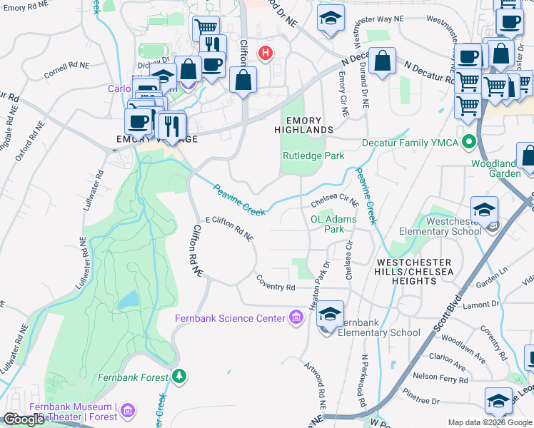 map of restaurants, bars, coffee shops, grocery stores, and more near 1695R Ridgewood Drive Northeast in Atlanta