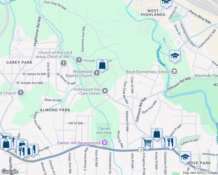 map of restaurants, bars, coffee shops, grocery stores, and more near 1057 Hollywood Road Northwest in Atlanta