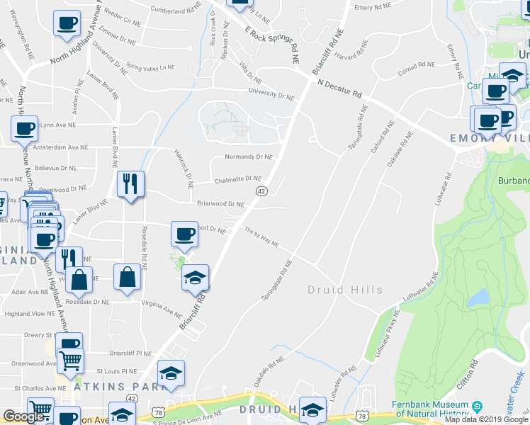 map of restaurants, bars, coffee shops, grocery stores, and more near 1195 Cameron Court Northeast in Atlanta