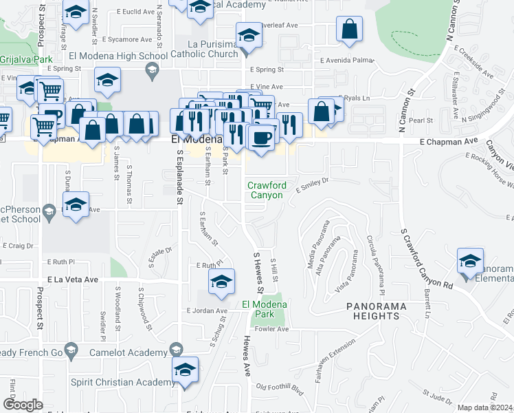 map of restaurants, bars, coffee shops, grocery stores, and more near 283 South Hewes Street in Orange