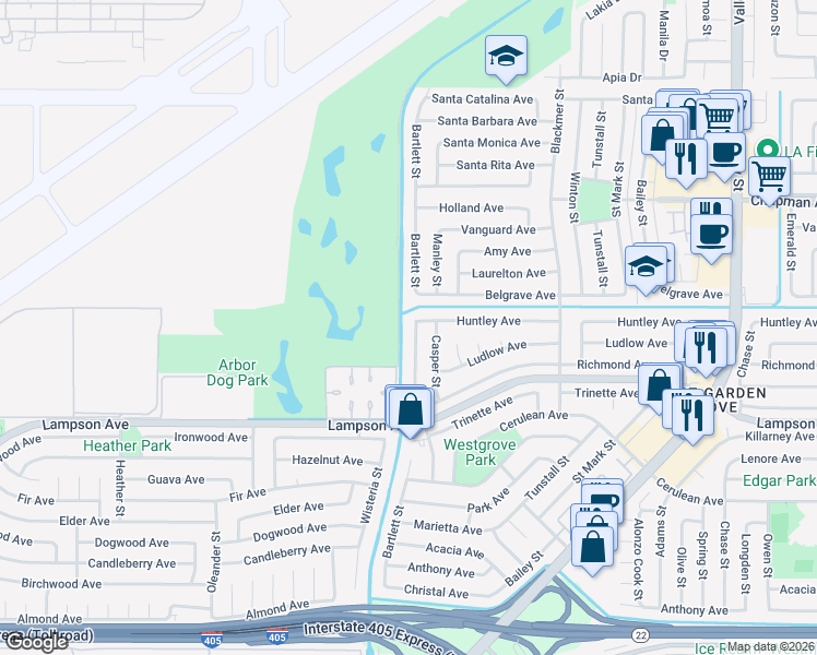 map of restaurants, bars, coffee shops, grocery stores, and more near 12281 Manley Street in Garden Grove