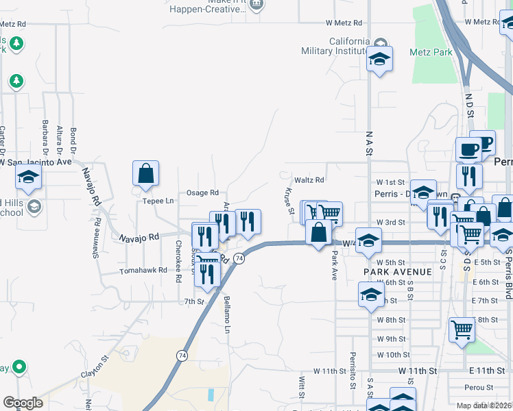 map of restaurants, bars, coffee shops, grocery stores, and more near in Perris