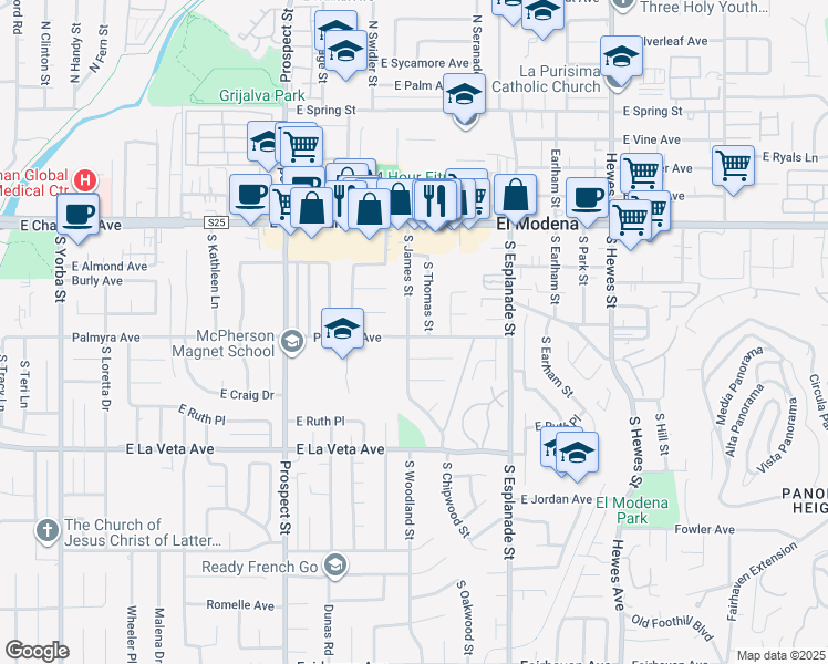 map of restaurants, bars, coffee shops, grocery stores, and more near 285 South James Street in Orange